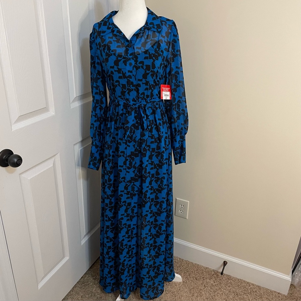 Hope & Wonder Elegant Blue and Black Floral Long Sleeve Chiffon Dress Wm Sz XS